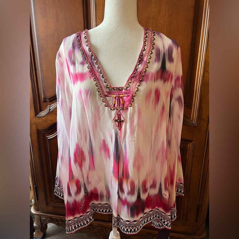 Hale Bob Pink and Purple Beaded Silk Tunic Top, NWT, L